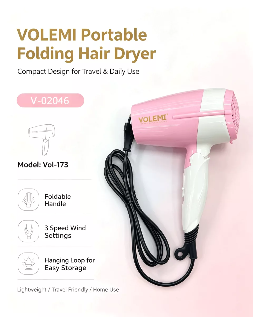 VOLEMI Folding Portable Hair Dryer (Pink) Vol-173