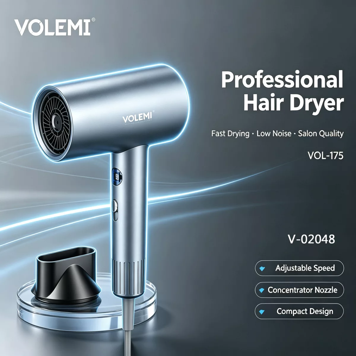 VOLEMI Professional Hair Dryer Vol-175 (Silver)